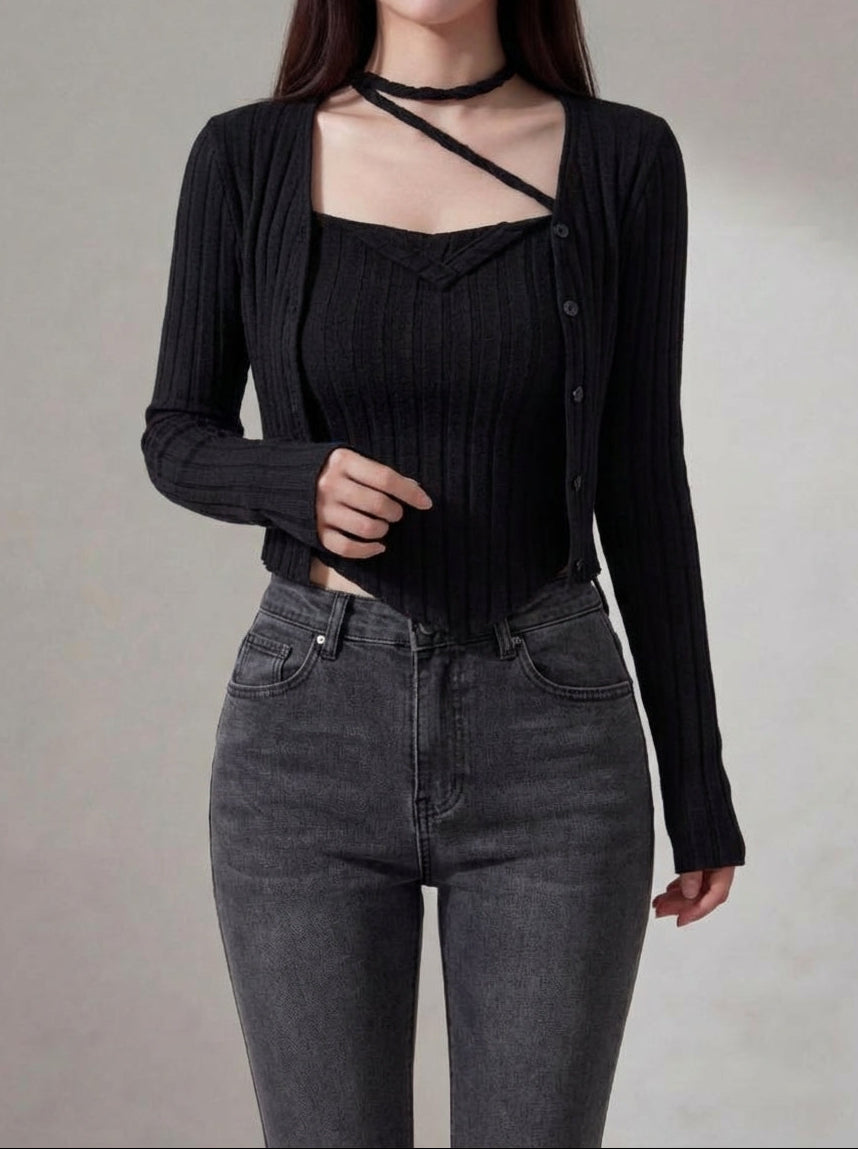 ホルターネックRIB KNITトップス(ブラック, FREE) ホルターネックストラップリブトップス – WEVIA