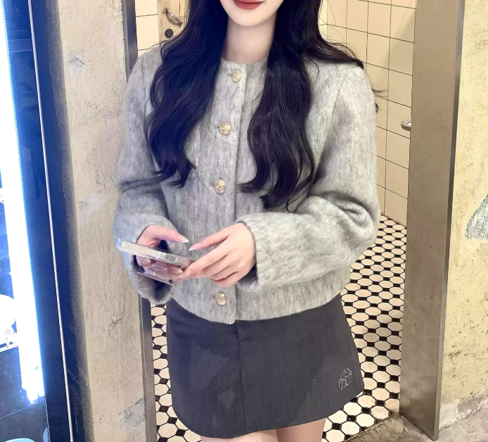 ノーカラーファーニットジャケット