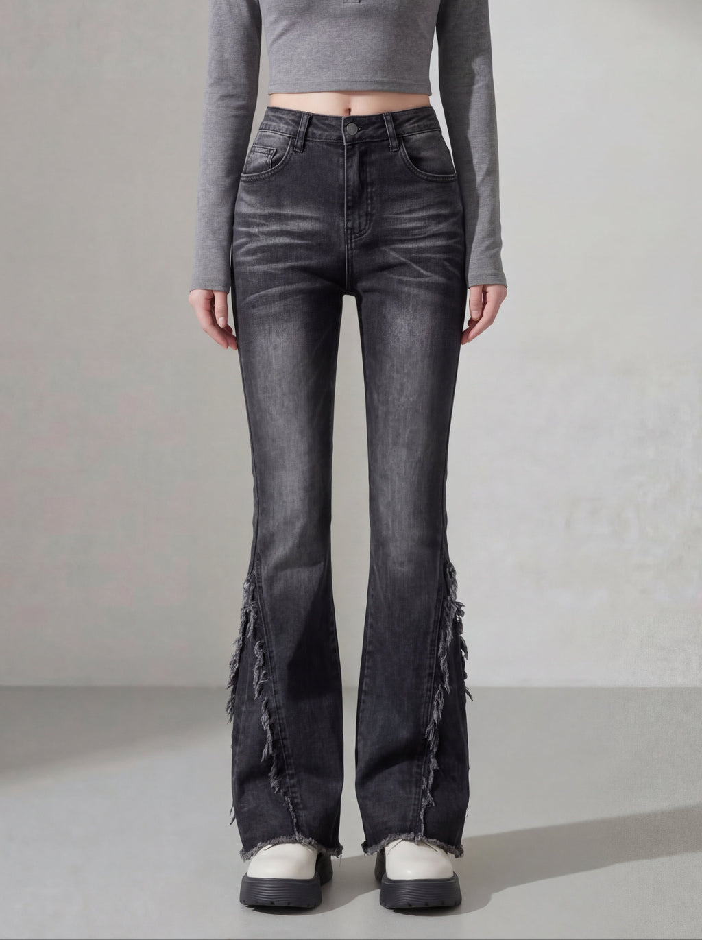 ハイウエストカットオフフレアスリムデニム