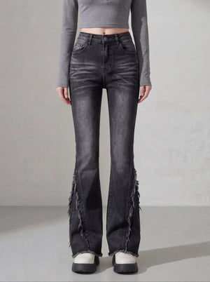 ハイウエストカットオフフレアスリムデニム