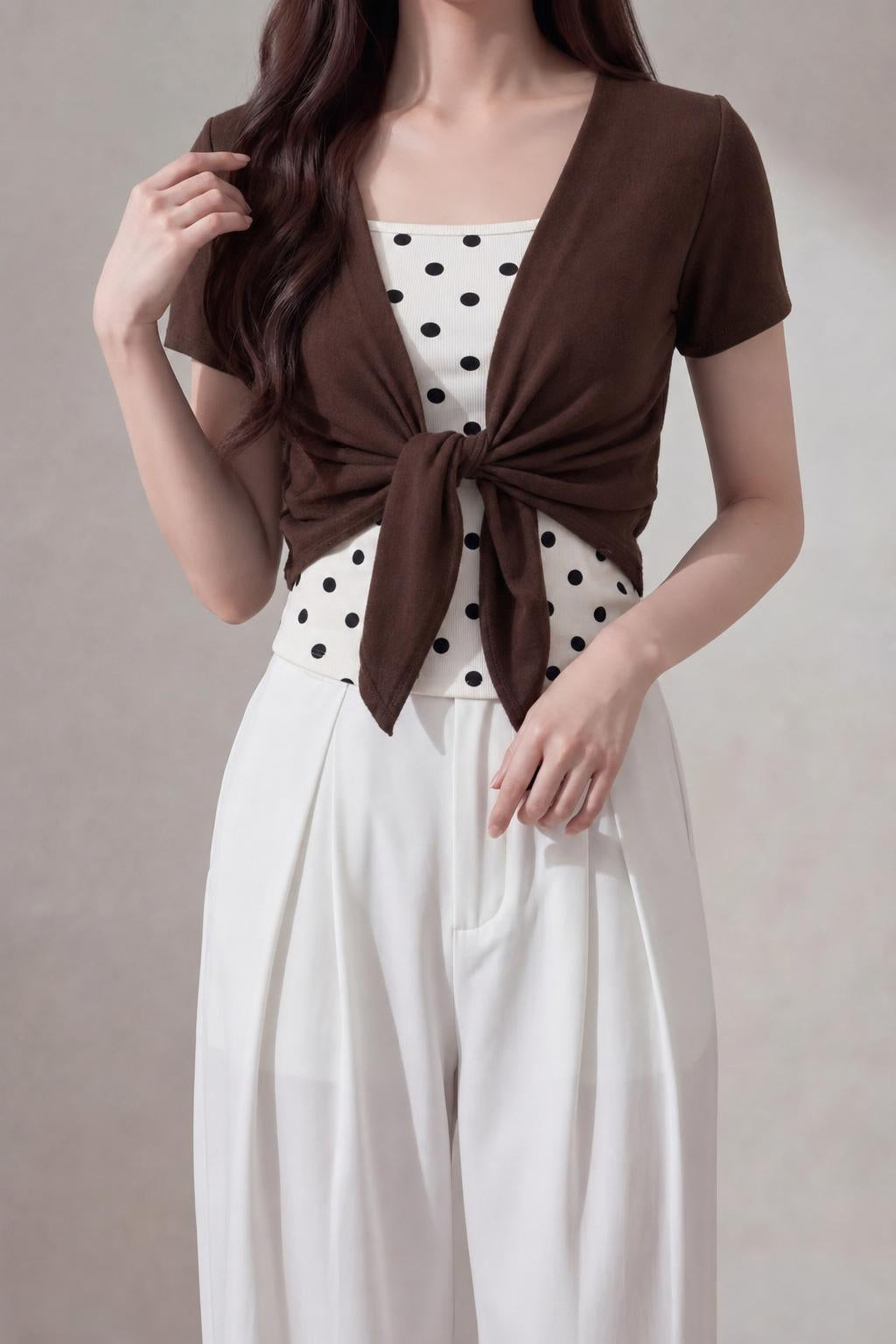 WEVIA coffee polka dot 2-piece set studio shot