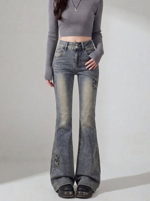 リボンデザインウォッシュドフレアデニム