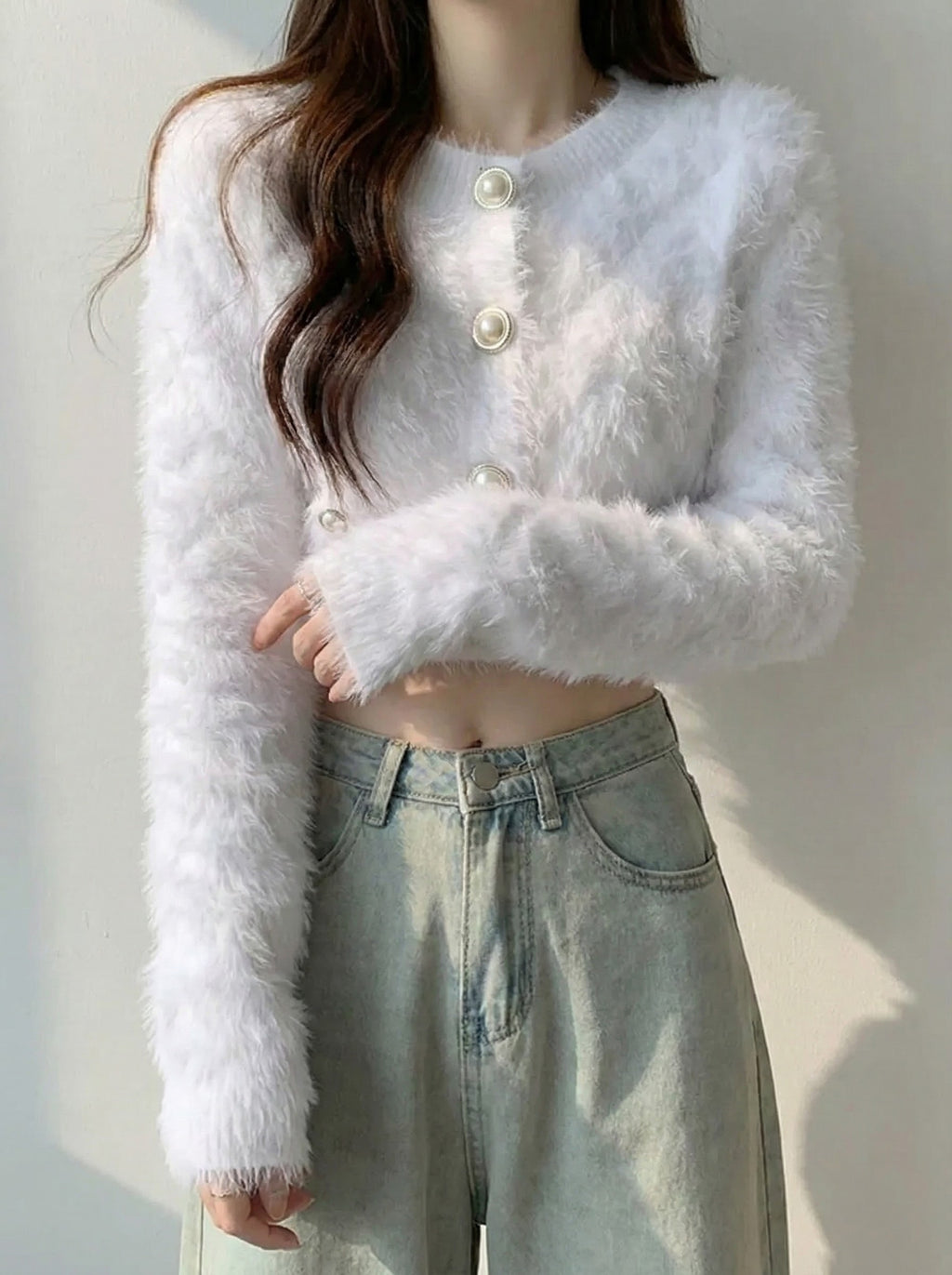 ワッフルフェザーパールクロップドニットカーディガン