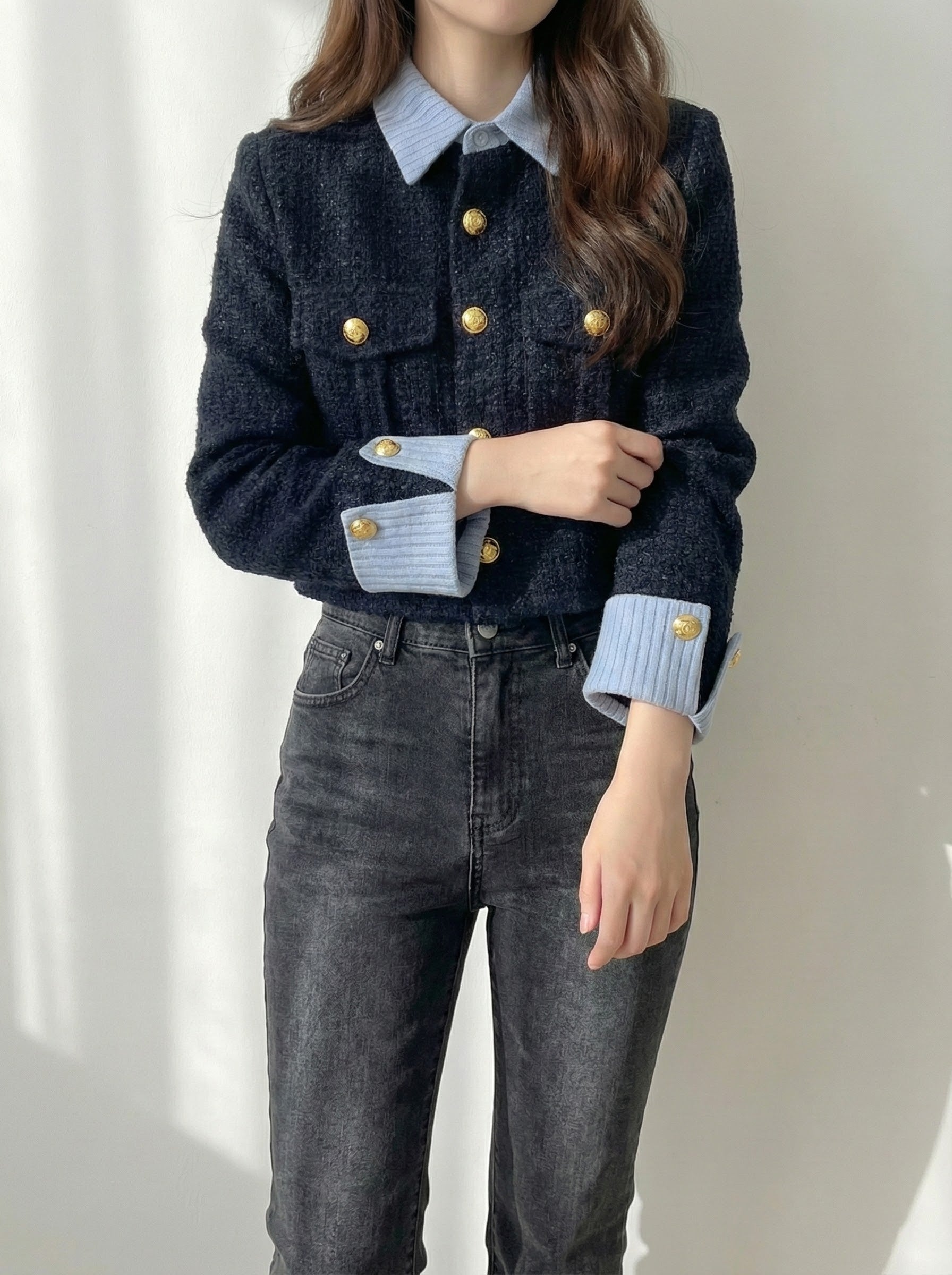 ゴールドボタンツイードレイヤードジャケット