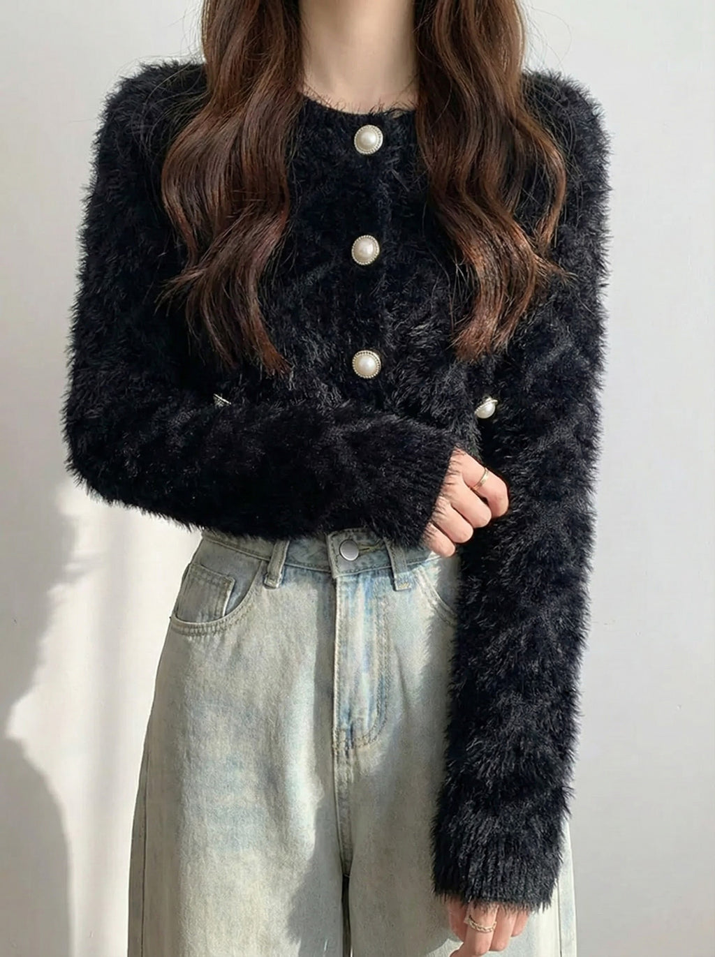 ワッフルフェザーパールクロップドニットカーディガン