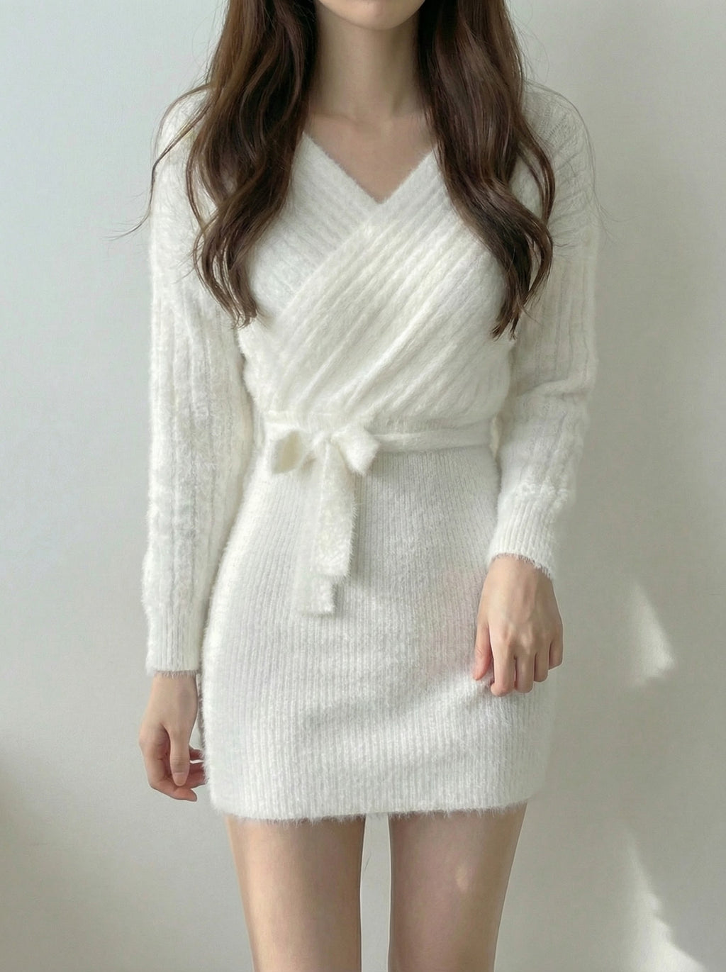 オフショルダーリブニットワンピース