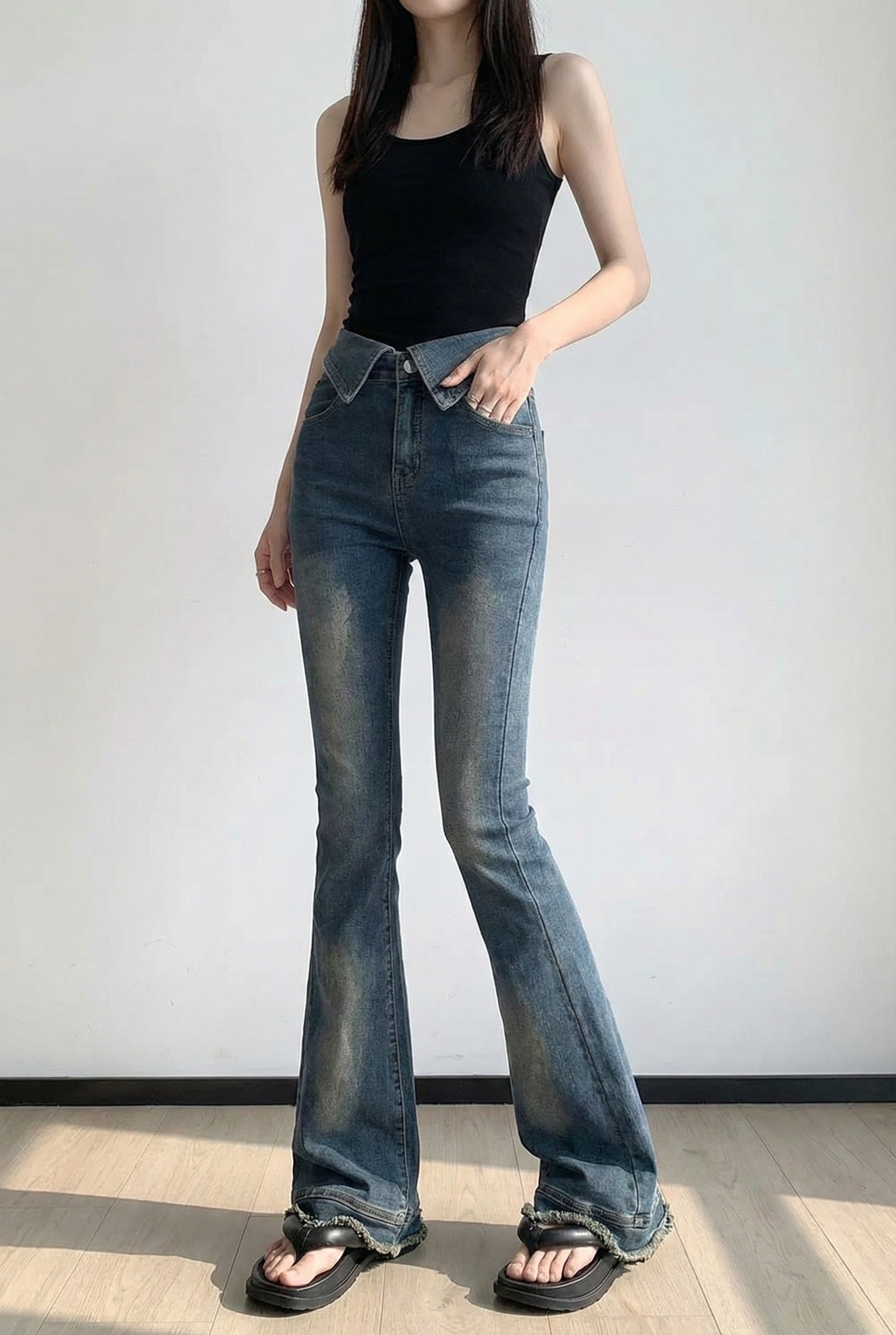 ダブルウエストスリムフレアジーンズ