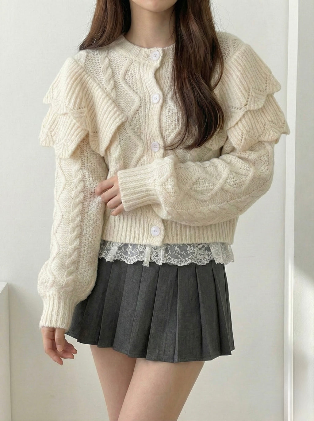 クロップドフリルショルダーニットカーディガン