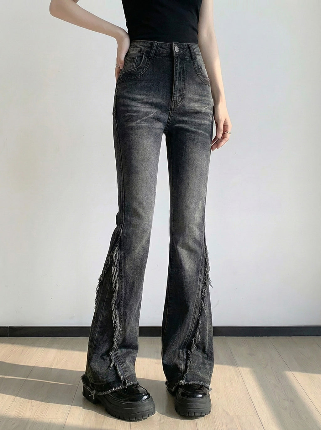 ハイウエストカットオフフレアスリムデニム