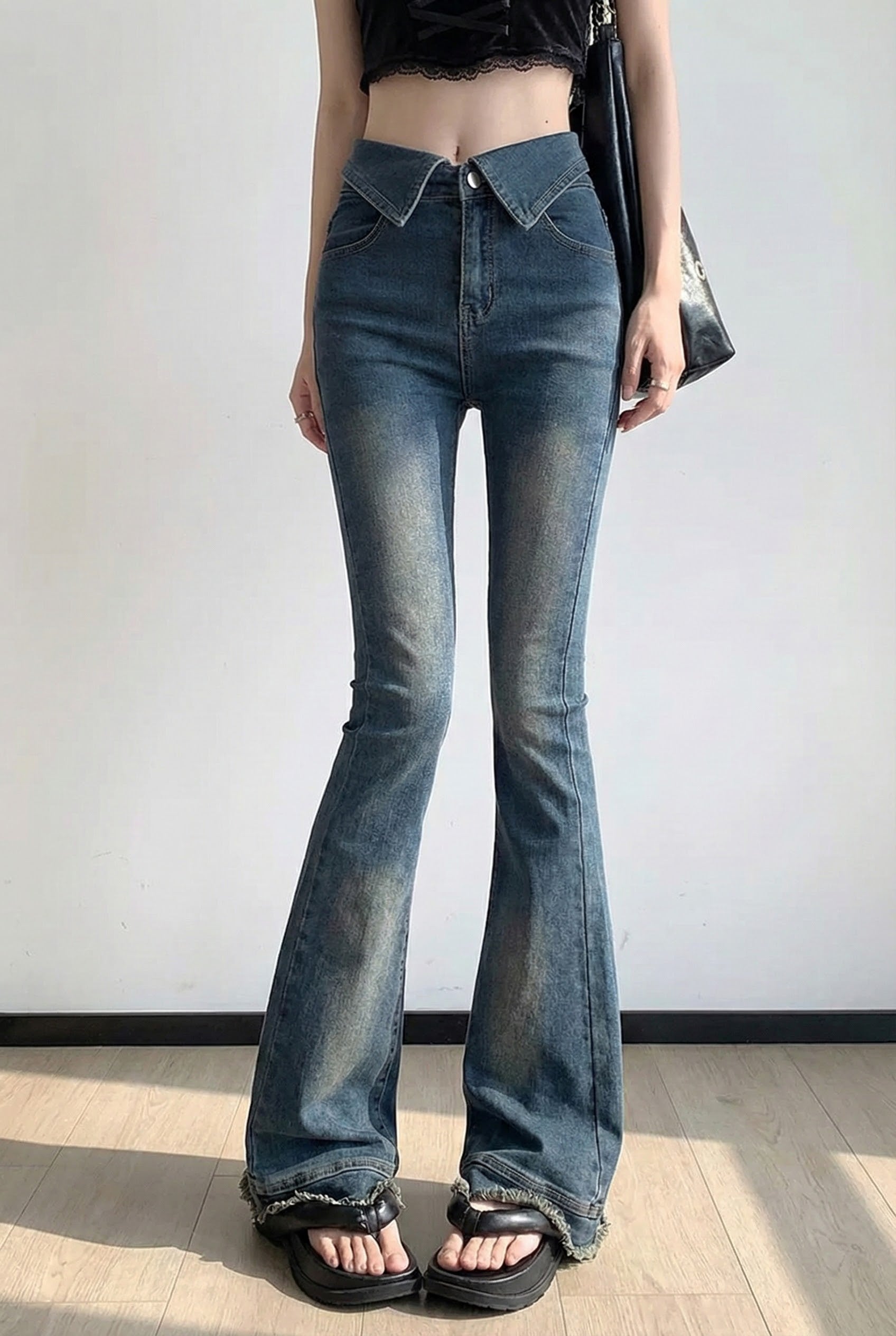 ダブルウエストスリムフレアジーンズ