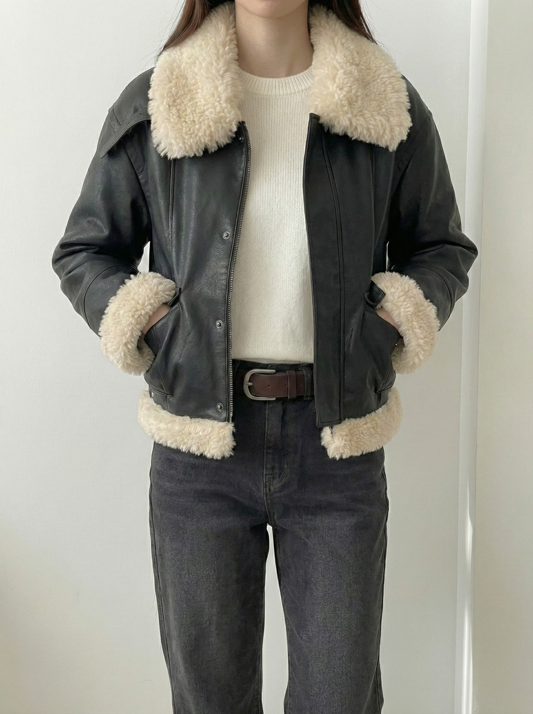 ボアカラーフェイクレザームートンジャケット