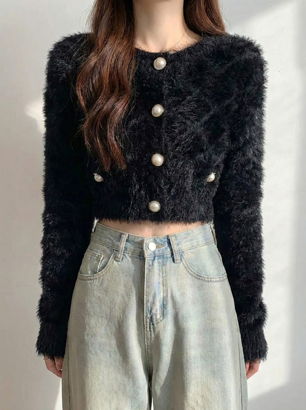 ワッフルフェザーパールクロップドニットカーディガン