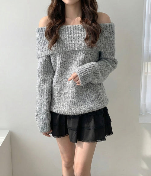 オフショルダーモヘアライクニットトップス