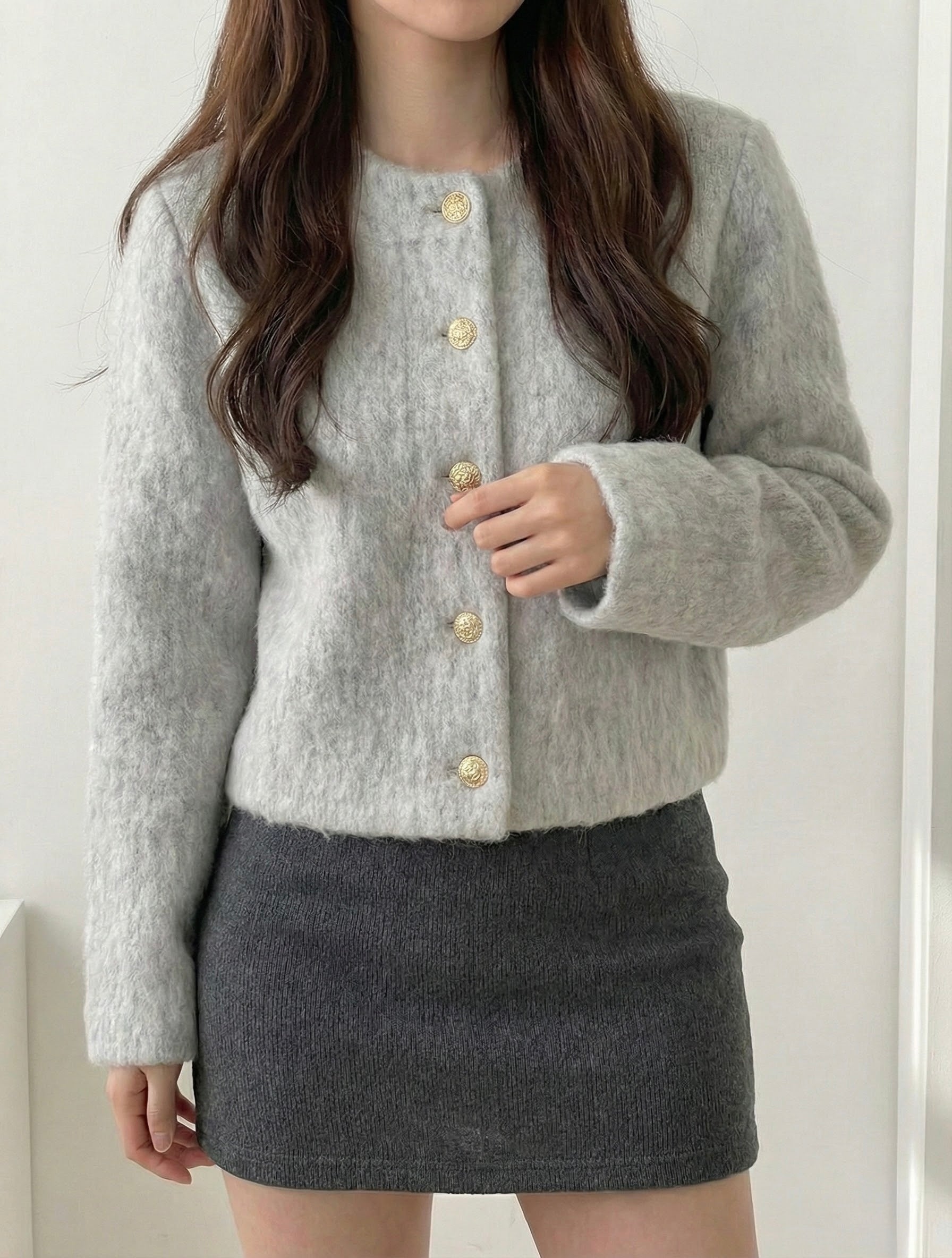 ノーカラーファーニットジャケット