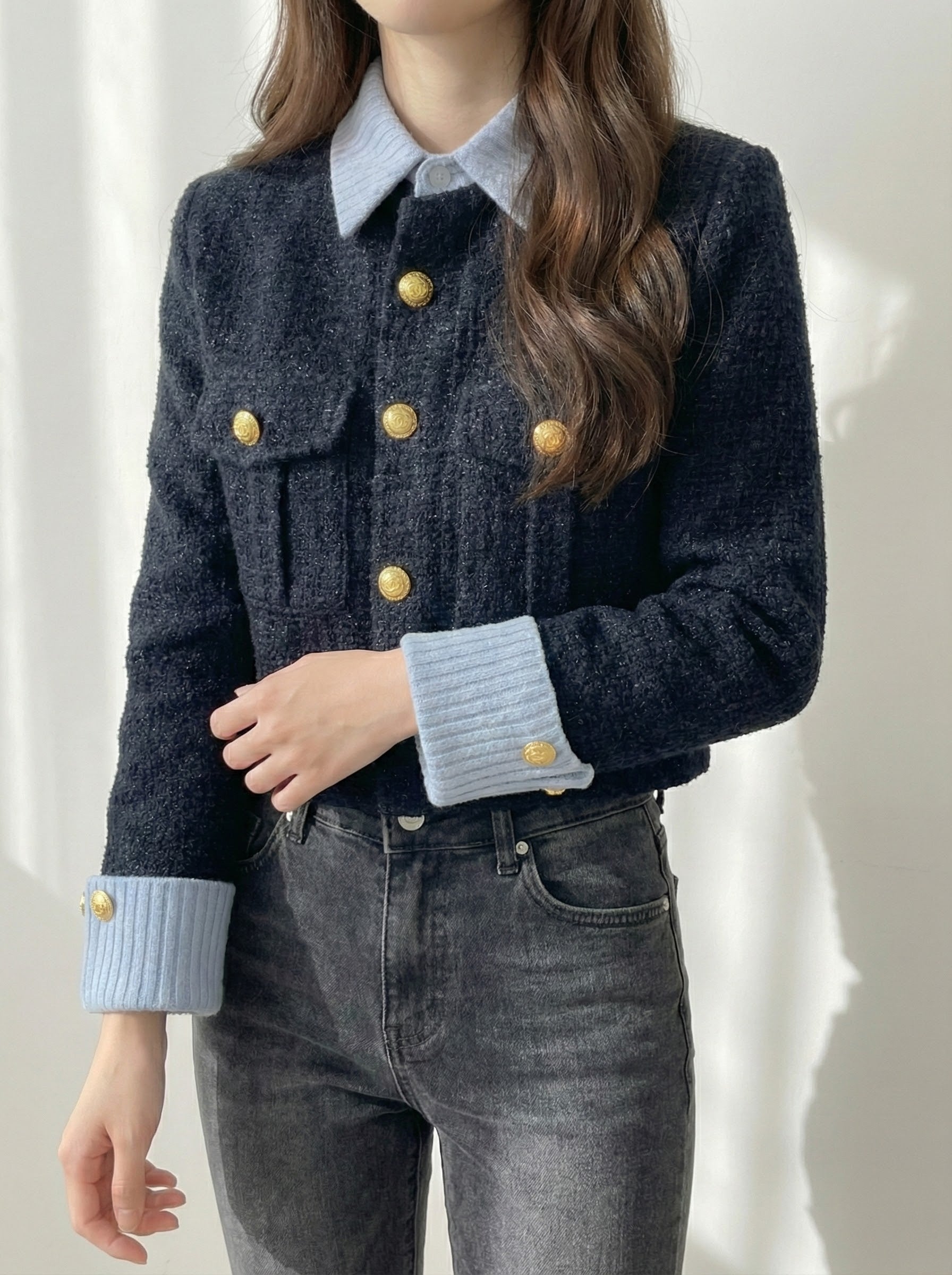 ゴールドボタンツイードレイヤードジャケット