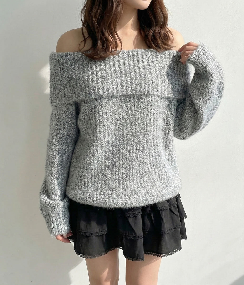 オフショルダーモヘアライクニットトップス