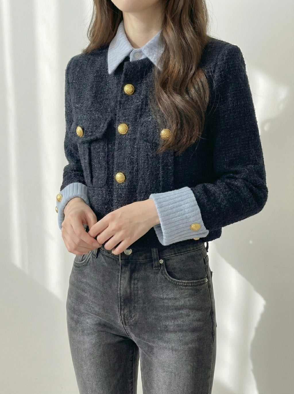 ゴールドボタンツイードレイヤードジャケット