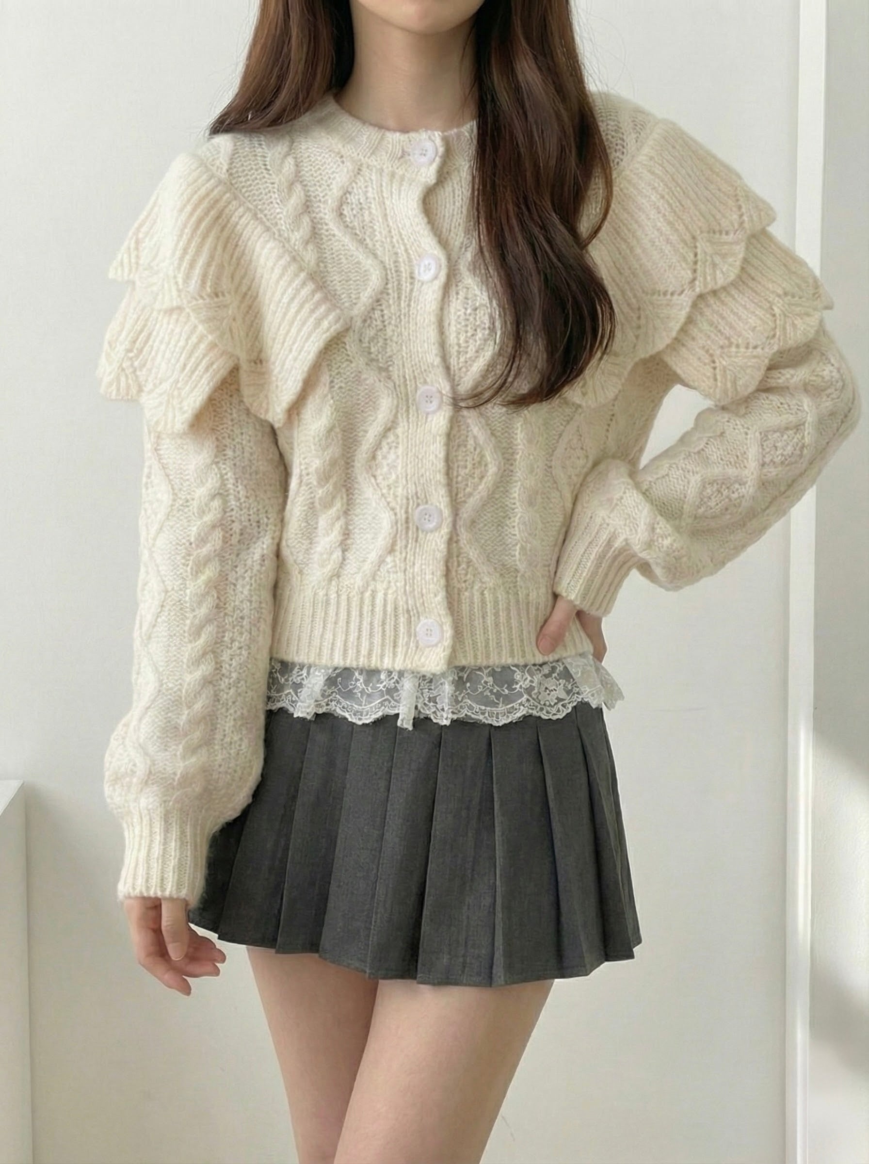 クロップドフリルショルダーニットカーディガン