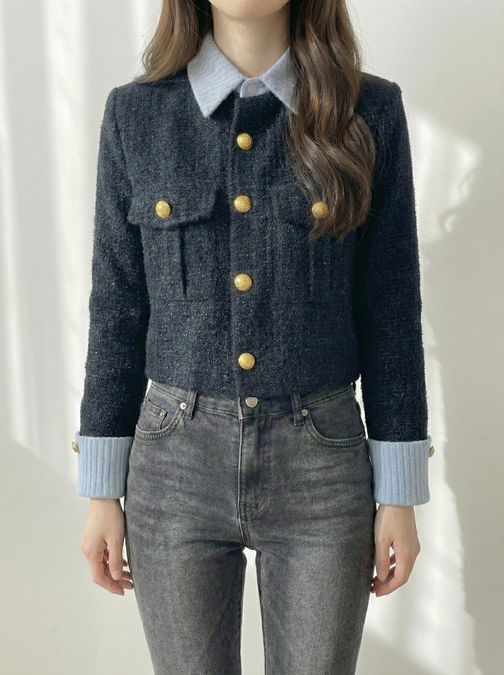 ゴールドボタンツイードレイヤードジャケット