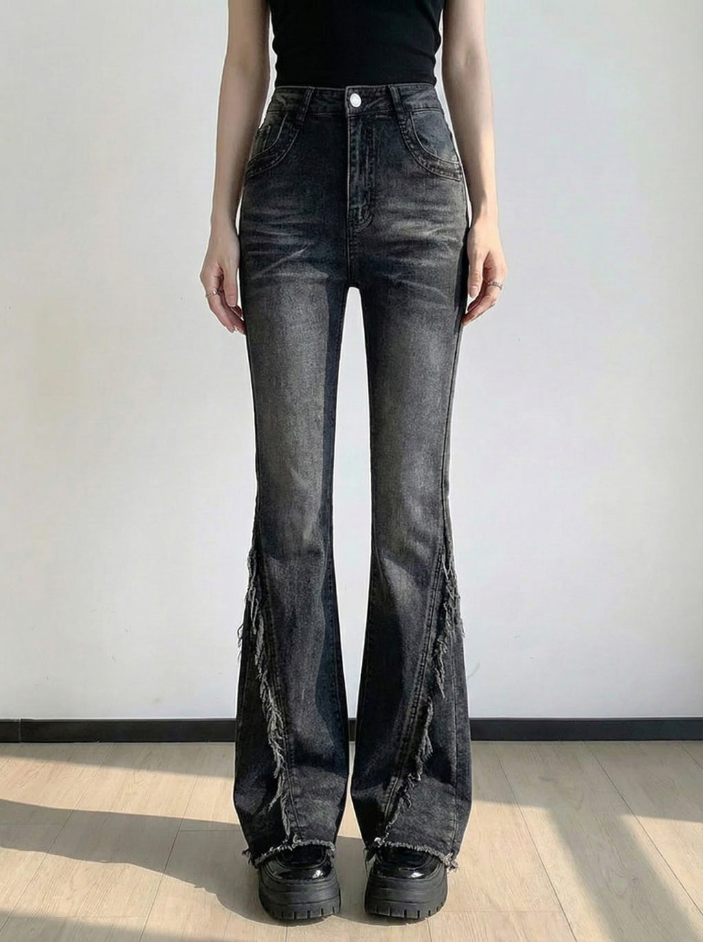 ハイウエストカットオフフレアスリムデニム