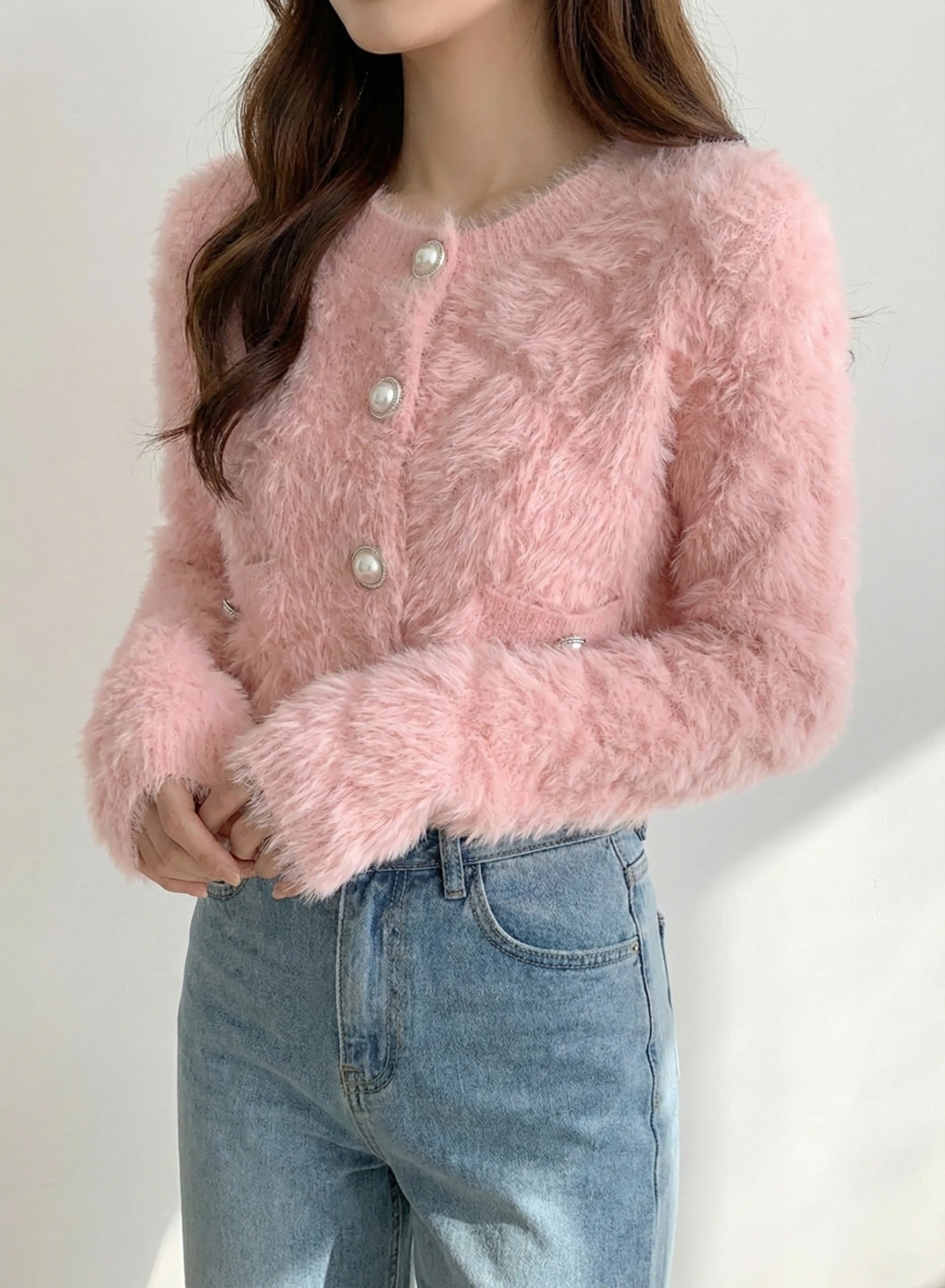 ワッフルフェザーパールクロップドニットカーディガン