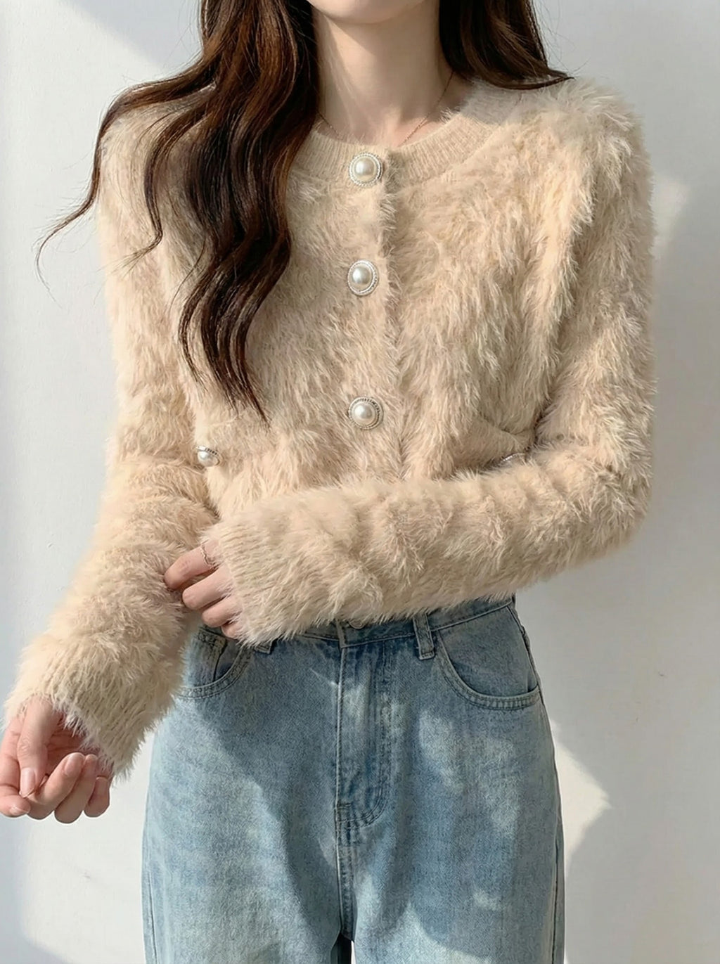 ワッフルフェザーパールクロップドニットカーディガン