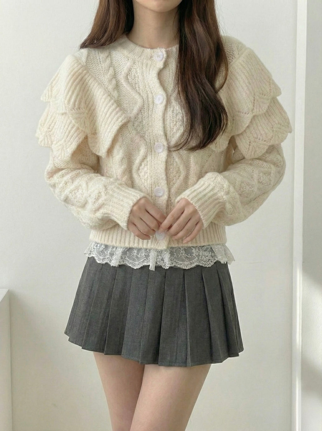 クロップドフリルショルダーニットカーディガン