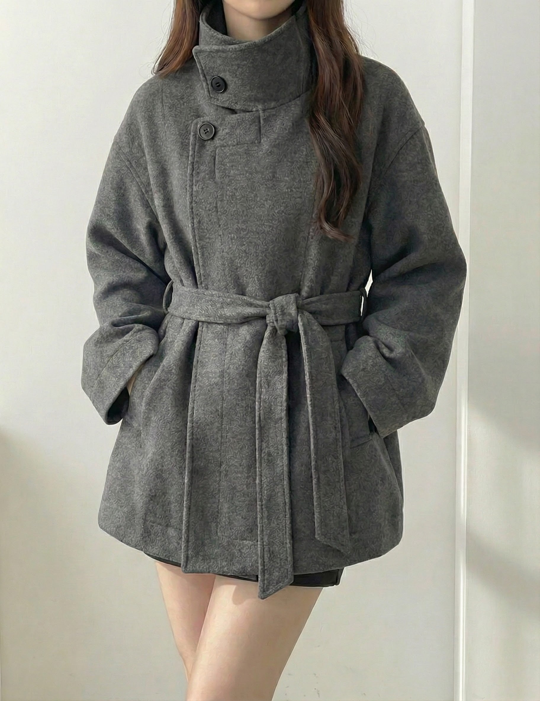ハイネックベルトウールライクコート