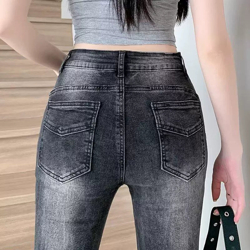 ハイウエストカットオフフレアスリムデニム