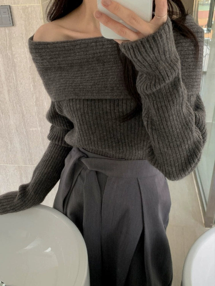 オフショルダーリブニット