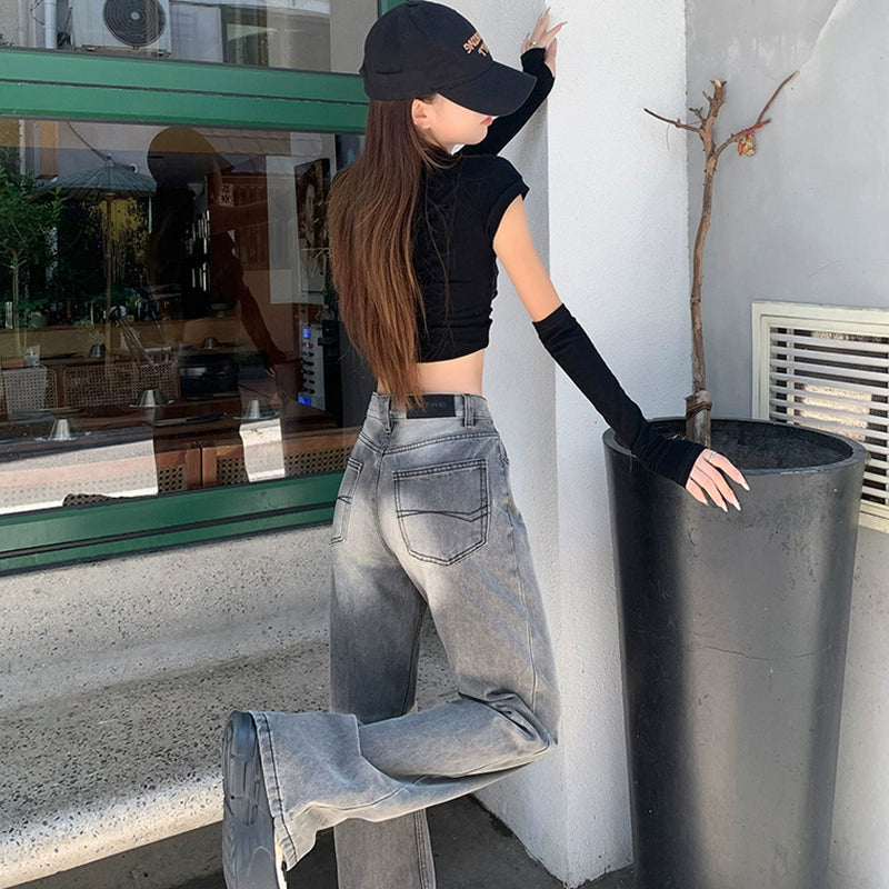 ハイウエストウォッシュドセミフレアデニム