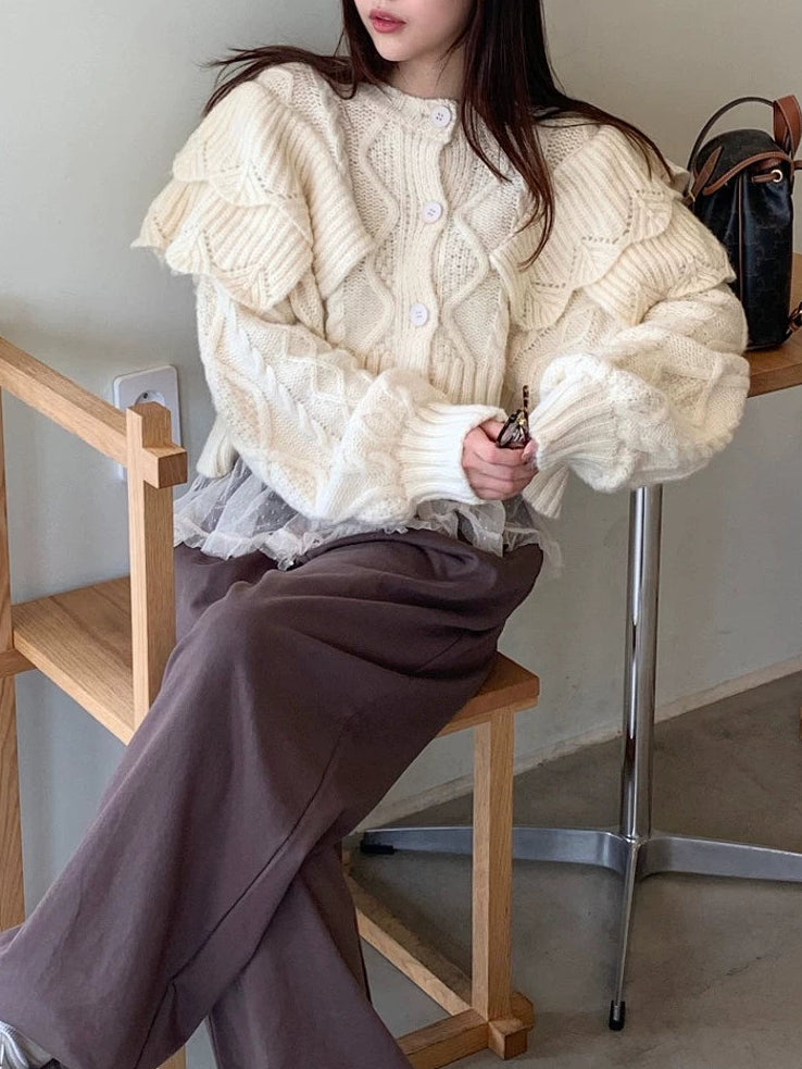 クロップドフリルショルダーニットカーディガン