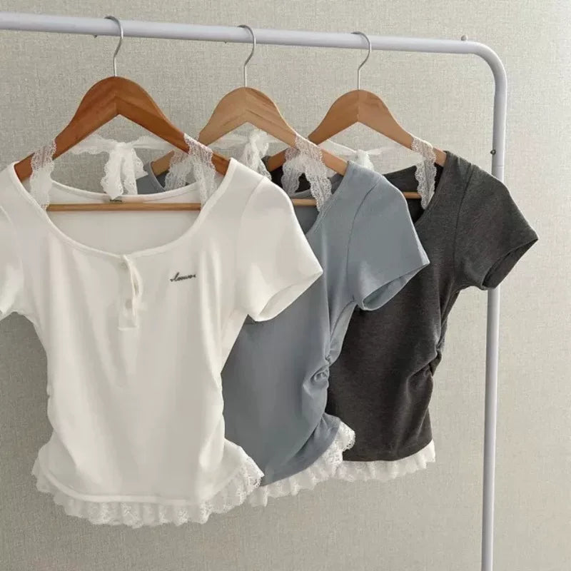 サイドギャザーレースドッキングリブTシャツ