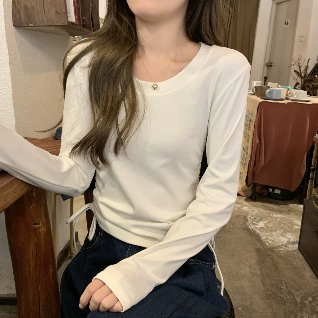 ラウンドネックギャザーロングTシャツ