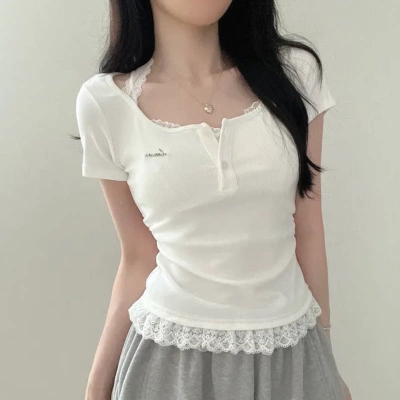 サイドギャザーレースドッキングリブTシャツ