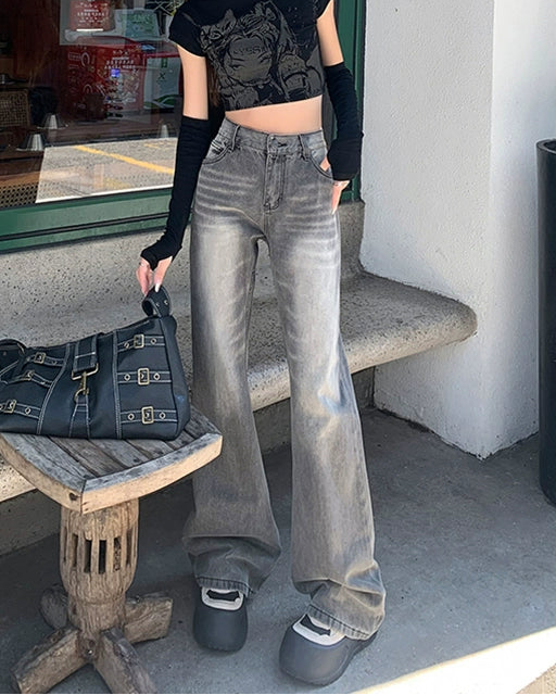 ハイウエストウォッシュドセミフレアデニム