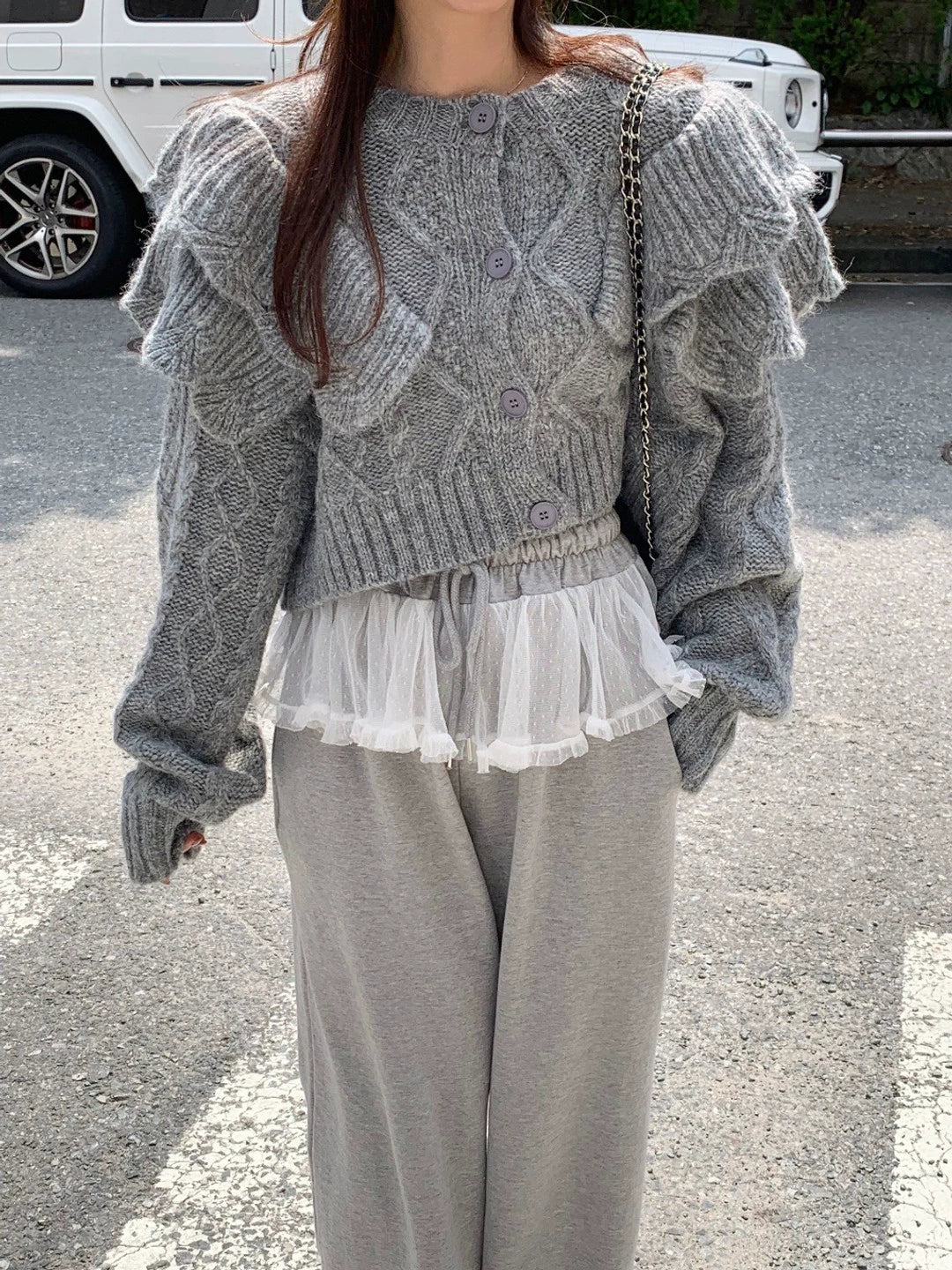 クロップドフリルショルダーニットカーディガン