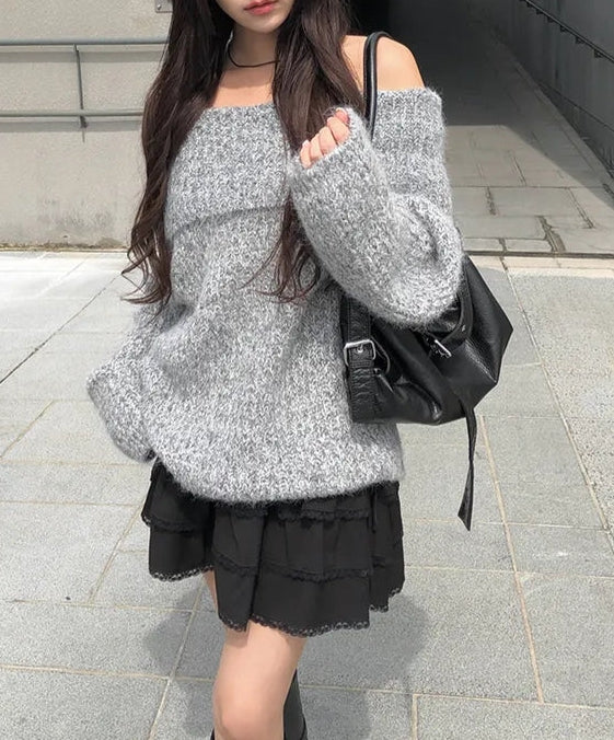 オフショルダーモヘアライクニットトップス