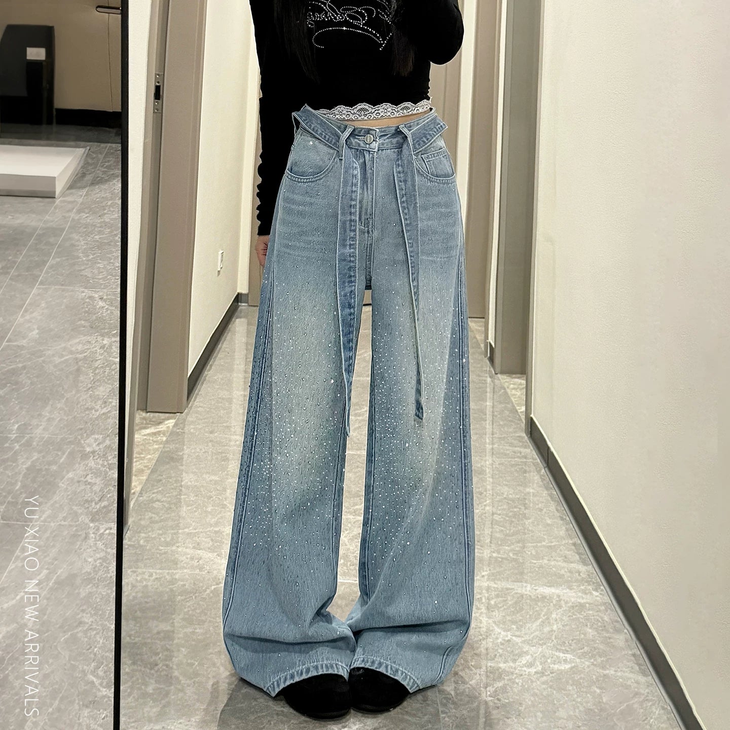 ハイウエストラインストーンワイドデニムパンツ