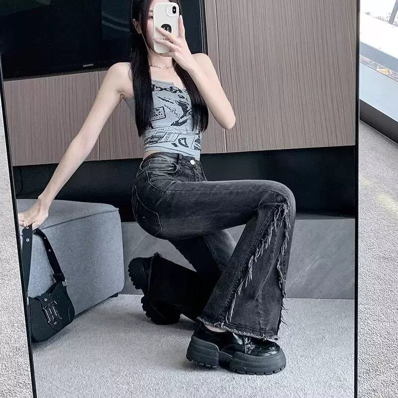 ハイウエストカットオフフレアスリムデニム