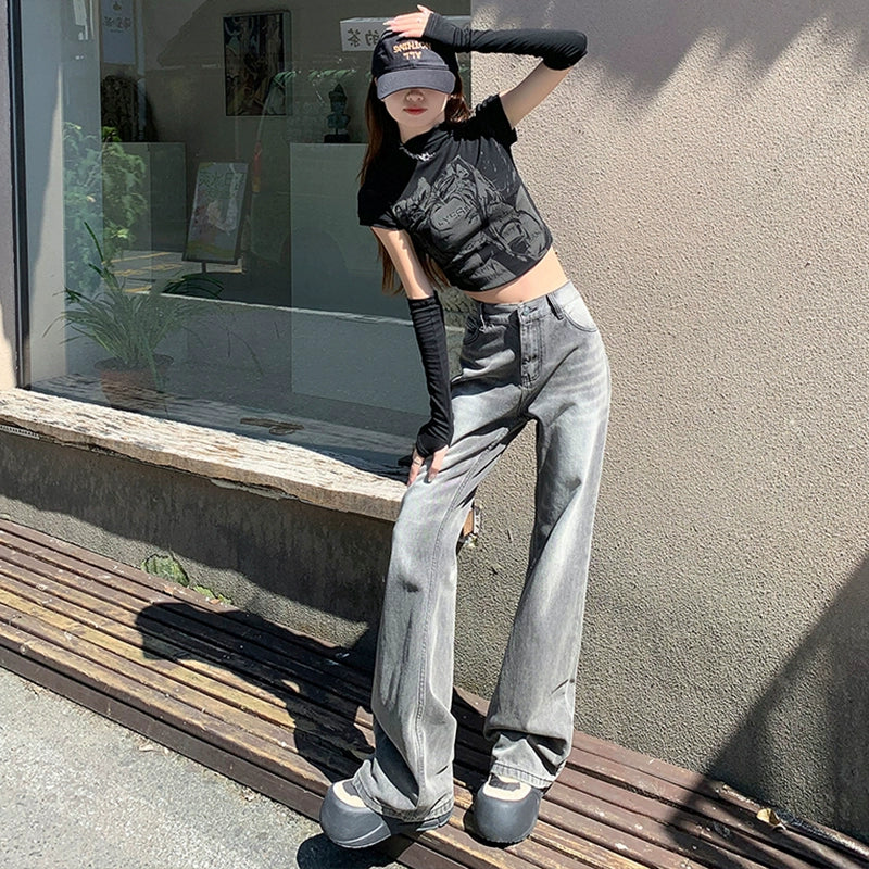 ハイウエストウォッシュドセミフレアデニム