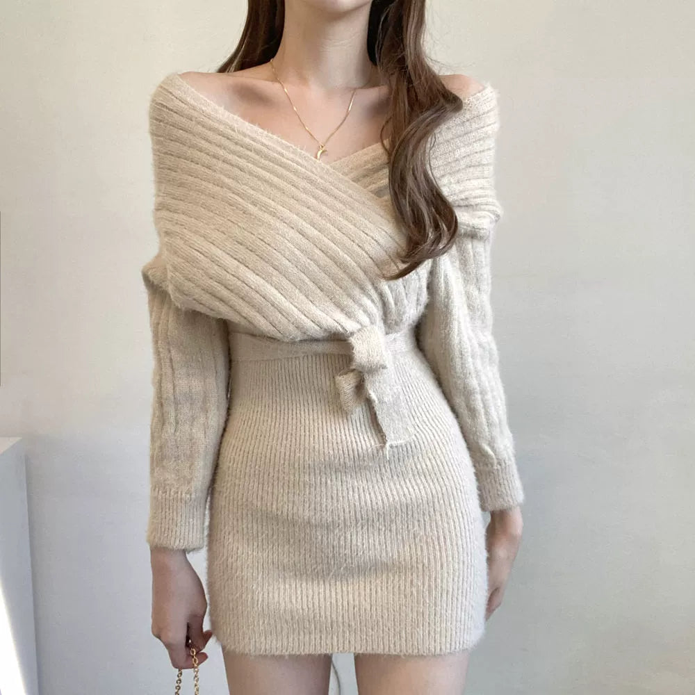 オフショルダーリブニットワンピース