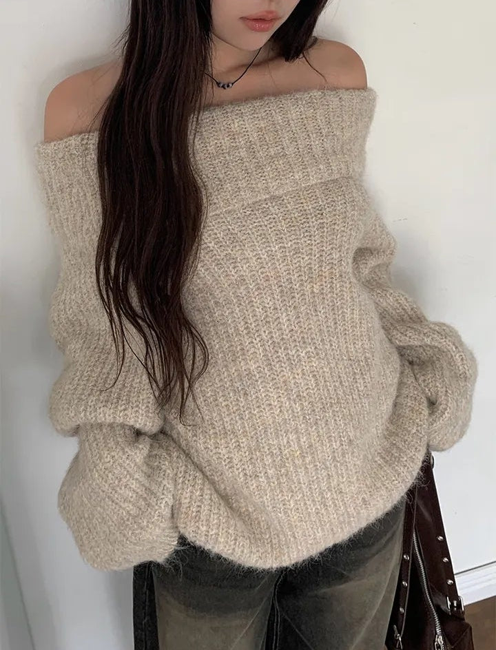 オフショルダーモヘアライクニットトップス