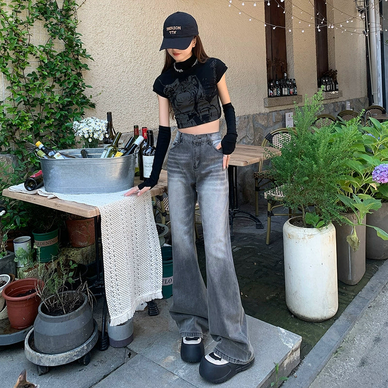 ハイウエストウォッシュドセミフレアデニム