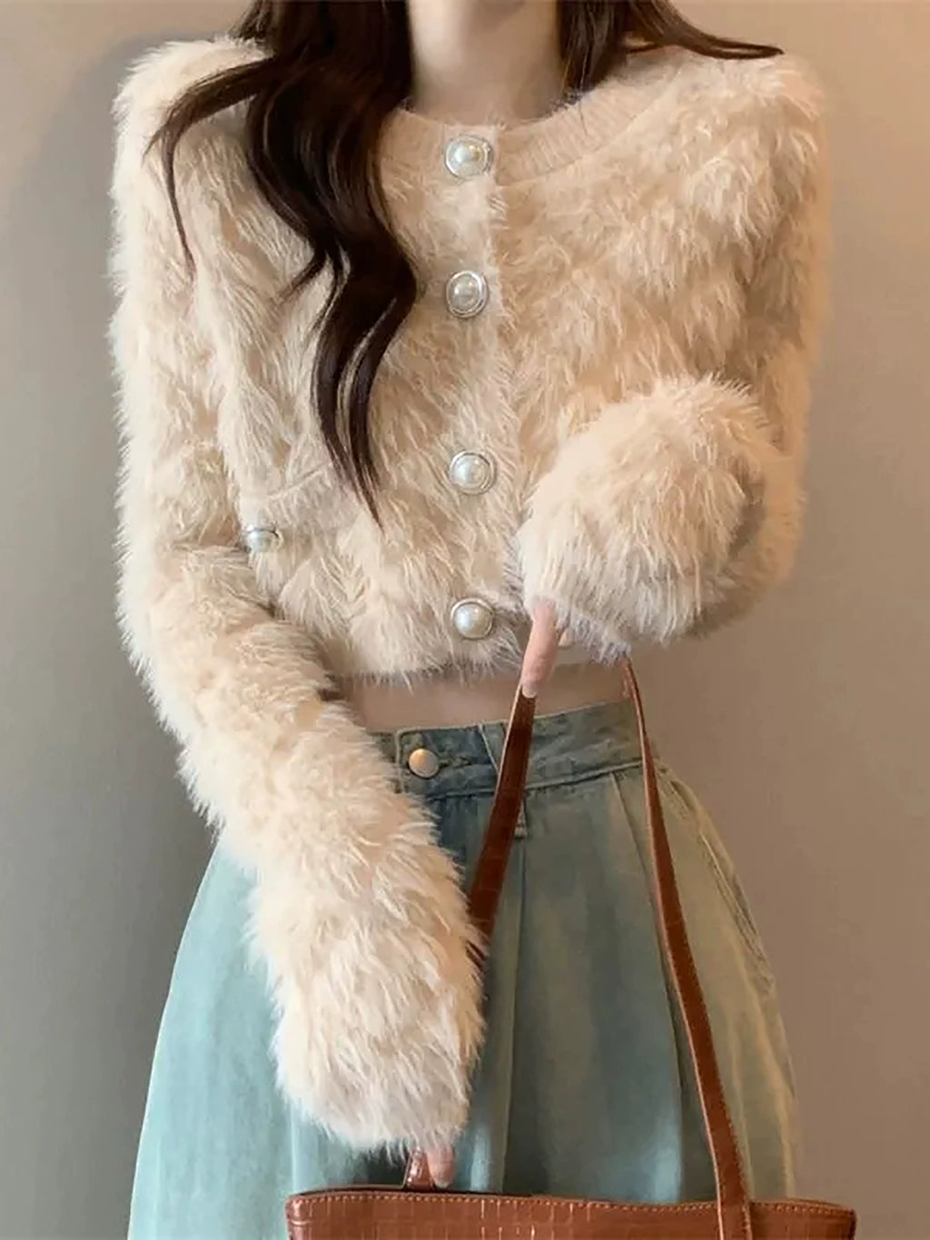 ワッフルフェザーパールクロップドニットカーディガン