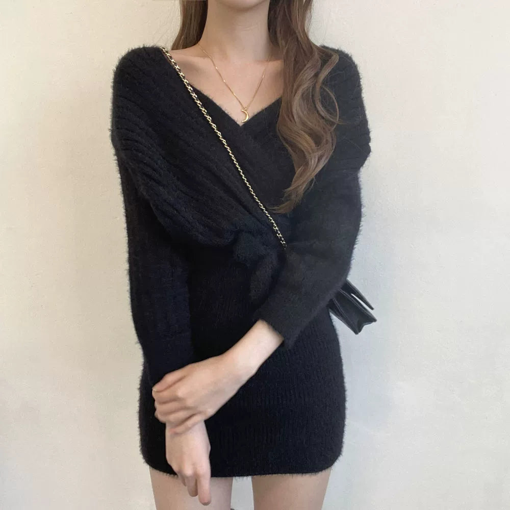 オフショルダーリブニットワンピース