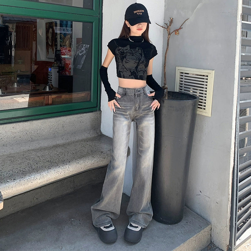 ハイウエストウォッシュドセミフレアデニム