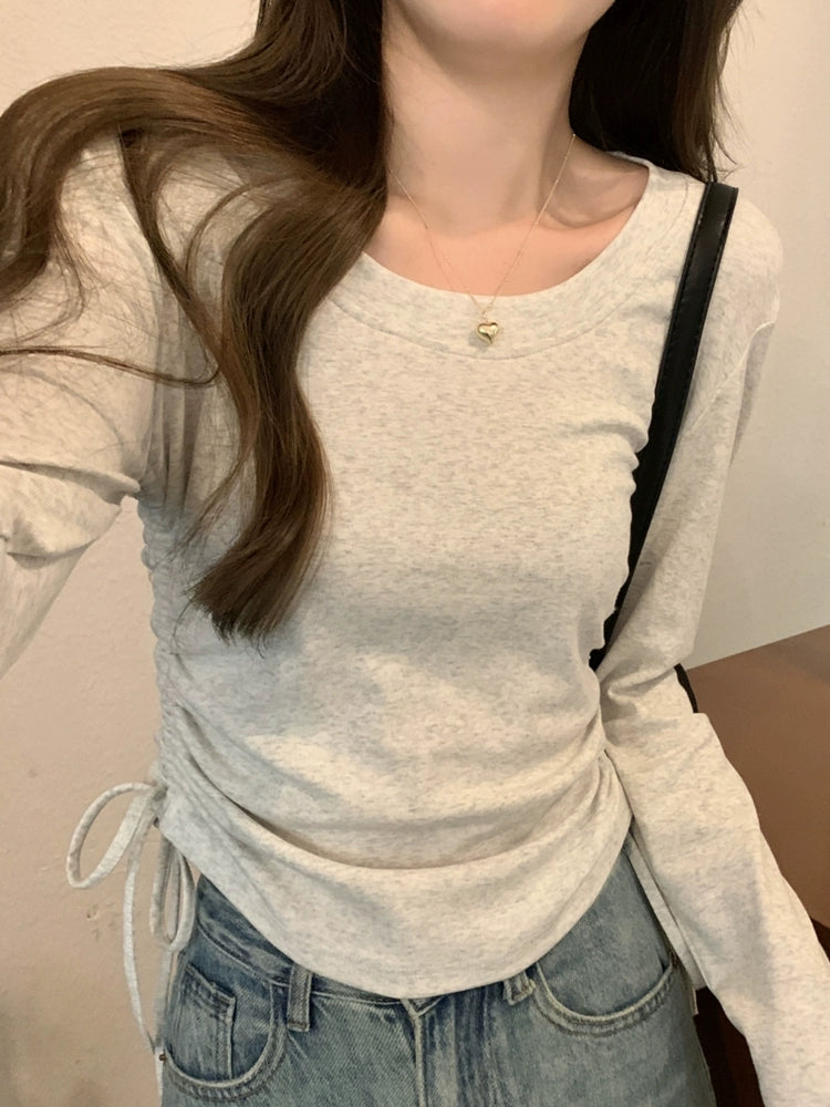 ラウンドネックギャザーロングTシャツ