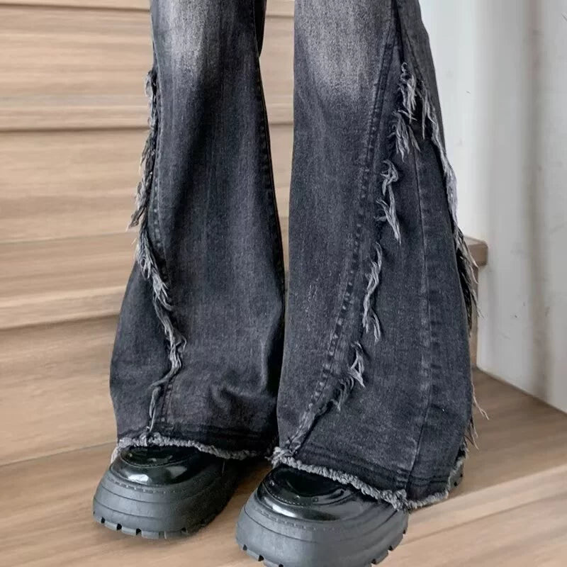 ハイウエストカットオフフレアスリムデニム