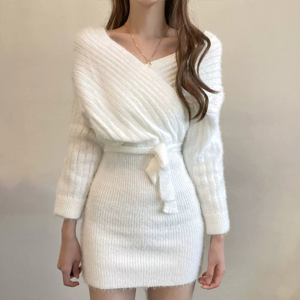 オフショルダーリブニットワンピース